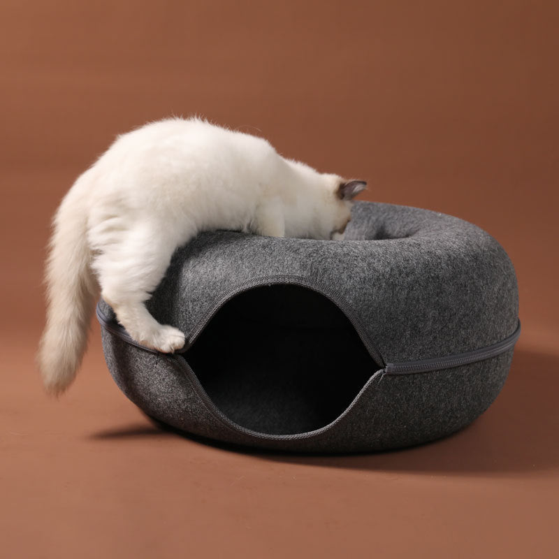 Four Seasons Available Cat Nest Round Woolen Felt Pet Dual-use Cat Nest Tunnel Interactive Training Toy Grey Felt Cat Nest by DC-THE CEO